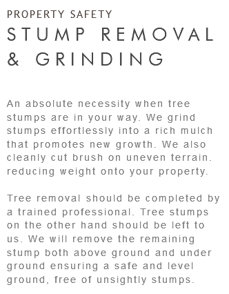 PROPERTY SAFETY STUMP REMOVAL & GRINDING An absolute necessity when tree stumps are in your way. We grind stumps effortlessly into a rich mulch that promotes new growth. We also cleanly cut brush on uneven terrain. reducing weight onto your property. Tree removal should be completed by a trained professional. Tree stumps on the other hand should be left to us. We will remove the remaining stump both above ground and under ground ensuring a safe and level ground, free of unsightly stumps.