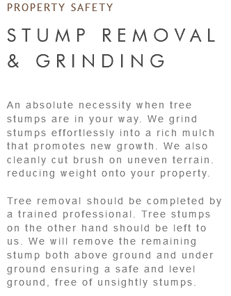 PROPERTY SAFETY STUMP REMOVAL & GRINDING An absolute necessity when tree stumps are in your way. We grind stumps effortlessly into a rich mulch that promotes new growth. We also cleanly cut brush on uneven terrain. reducing weight onto your property. Tree removal should be completed by a trained professional. Tree stumps on the other hand should be left to us. We will remove the remaining stump both above ground and under ground ensuring a safe and level ground, free of unsightly stumps.